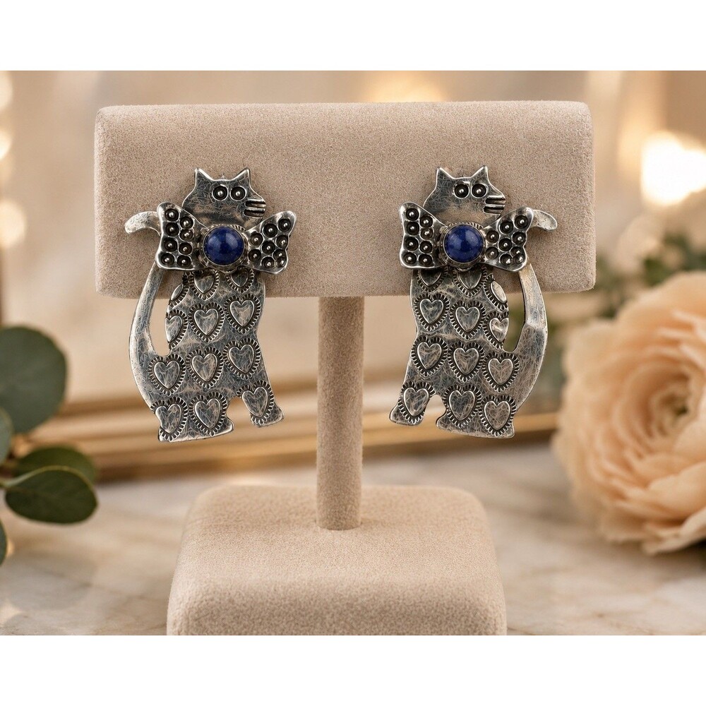 Grady Alexander Sterling Silver Lapis Cat Earrings Signed Vintage Southwest